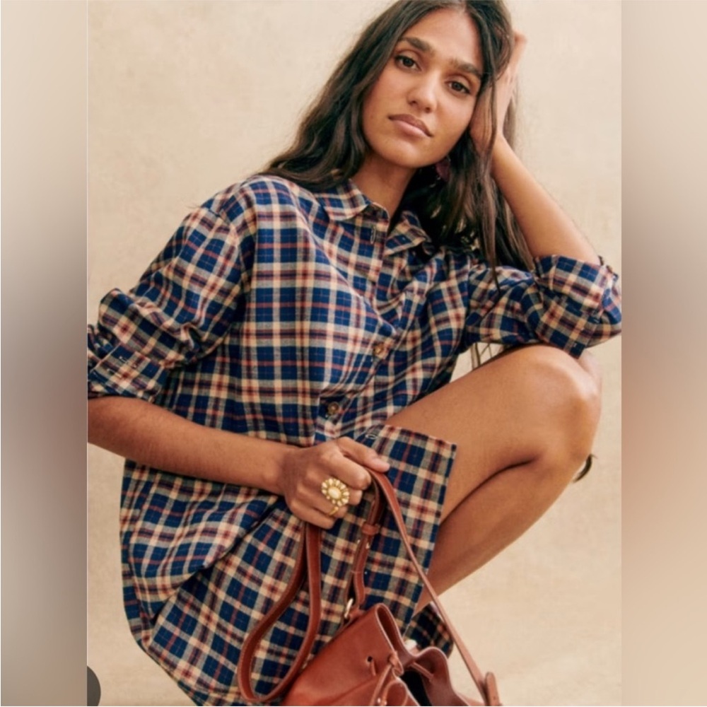Sezane Long SleeveSadie Dress in Blue and Beige Tartan